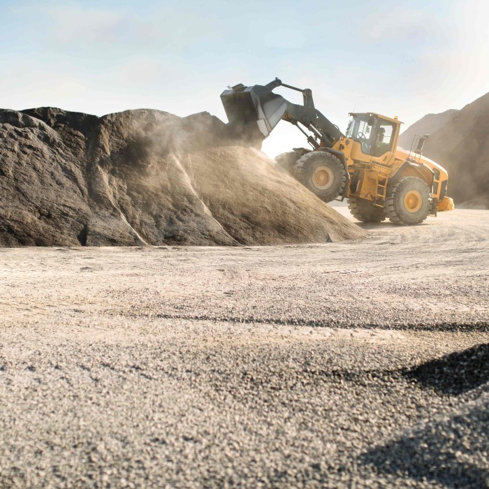 Bagger lädt Schutt auf einen Haufen
