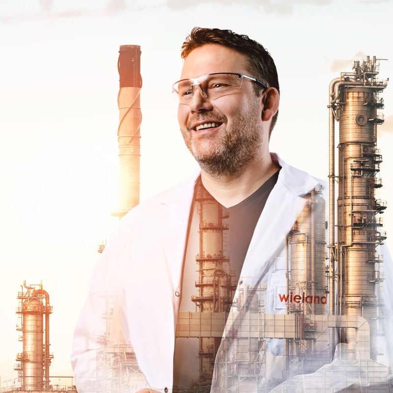 Oberflächentechniker Richard mit Fabrikanlage im Hintergrund